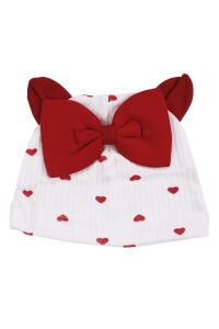 Kız Bebek Ekru Kırmızı Kalp Desenli Fiyonklu Bereli Zıbın Takım