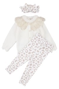 Kız Bebek Ekru Leopar Desenli Triko Hırkalı Fisto Yakalı 3'lü Lüks Takım