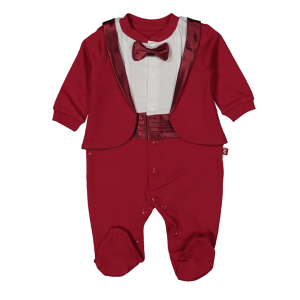 Erkek Bebek Bordo Papyonlu Smokin Ceketli Tulum 6-9 Ay