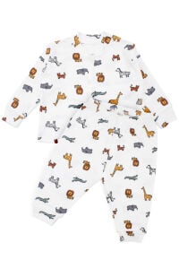 Erkek Bebek Ekru Renkli Hayvanlar Alemi Baskılı Çıtçıtlı Pijama Takımı