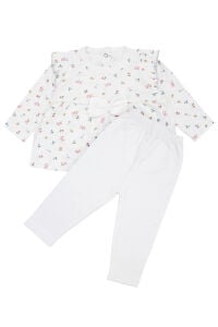 Kız Bebek Ekru Renkli Minik Çiçek Desenli Fırfırlı Pijama Takımı