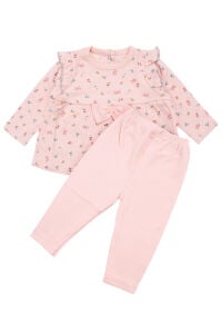 Kız Bebek Somon Renkli Minik Çiçek Desenli Fırfırlı Pijama Takımı