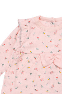 Kız Bebek Somon Renkli Minik Çiçek Desenli Fırfırlı Pijama Takımı