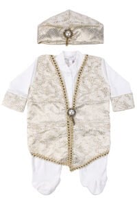 Tuğra Desenli Ekru Gold Şehzade Erkek Bebek Mevlüt Tulumu
