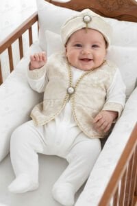 Tuğra Desenli Ekru Gold Şehzade Erkek Bebek Mevlüt Tulumu