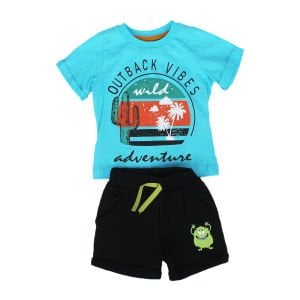 Erkek Bebek Mavi Laci Kaktüs Baskılı Şortlu Takım