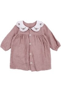 Kız Bebek Gül Kurusu Nakışlı Yakalı Müslin Elbise