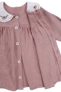 Kız Bebek Gül Kurusu Nakışlı Yakalı Müslin Elbise