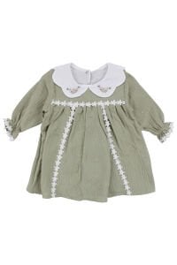 Kız Bebek Yeşil Nakışlı Yakalı Fistolu Müslin Elbise