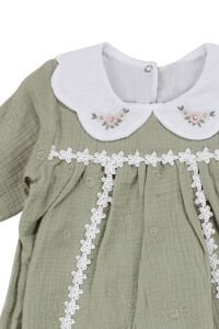 Kız Bebek Yeşil Nakışlı Yakalı Fistolu Müslin Elbise