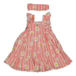Kız Çocuk Fuşya Papatya Desenli Çizgili Elbise