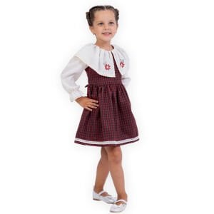 Kız Çocuk Ekru Kırmızı Ekose Desenli Yakalı Fistolu Çicek Nakışlı Elbise