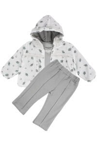 Kız Bebek Ekru Yeşil Çiçek Desenli Müslin Ceketli 3'lü Takım