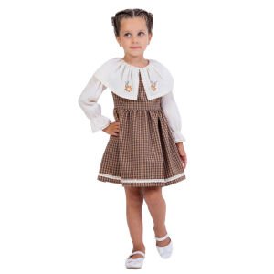 Kız Çocuk Ekru Kahve Ekose Desenli Yakalı Fistolu Çicek Nakışlı Elbise