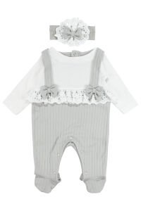 Kız Bebek Ekru Yeşil Fistolu Fiyonklu Bandanalı Patikli Tulum