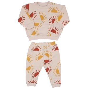 Erkek Bebek Ekru Waffle Kumaş Sarı Turuncu Güneş Desenli 2'li Takım
