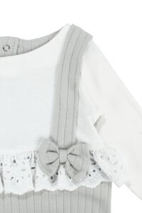 Kız Bebek Ekru Yeşil Fistolu Fiyonklu Bandanalı Patikli Tulum