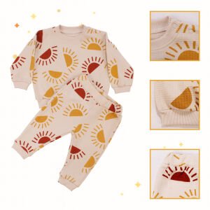 Erkek Bebek Ekru Waffle Kumaş Sarı Turuncu Güneş Desenli 2'li Takım