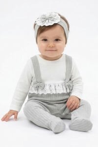 Kız Bebek Ekru Yeşil Fistolu Fiyonklu Bandanalı Patikli Tulum