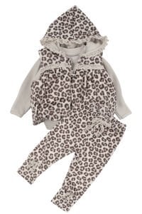 Kız Bebek Bej Kahve Leopar Desenli Nakışlı Şişme Yelekli Lüks 3'lü Takım