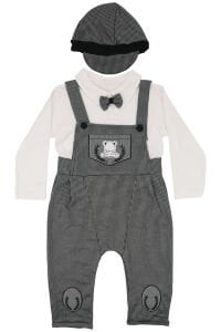 Papyonlu Ayıcık Desenli Gri Şapkalı Salopet Tulum