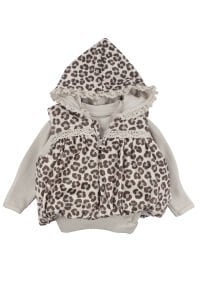 Kız Bebek Bej Kahve Leopar Desenli Nakışlı Şişme Yelekli Lüks 3'lü Takım