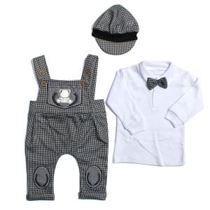 Papyonlu Ayıcık Desenli Gri Şapkalı Salopet Tulum