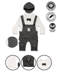 Papyonlu Ayıcık Desenli Gri Şapkalı Salopet Tulum