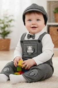 Papyonlu Ayıcık Desenli Gri Şapkalı Salopet Tulum