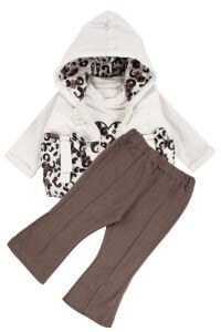 Kız Bebek Ekru Kahve Leopar Desenli Fiyonklu Şişme Yelekli 3'lü Lüks Takım