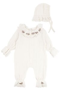 Kız Bebek Ekru Dantelli Yakalı Fiyonklu Bandanalı Tulum